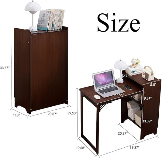 Folding Out Desk with Storage, Expandable Hidden Desk, Space-Saving Pull Out Murphy Table, Writing Table with Shelves and Mobile Wheels for Home Office, Bedroom Dorm Room Small Spaces (Walnut)