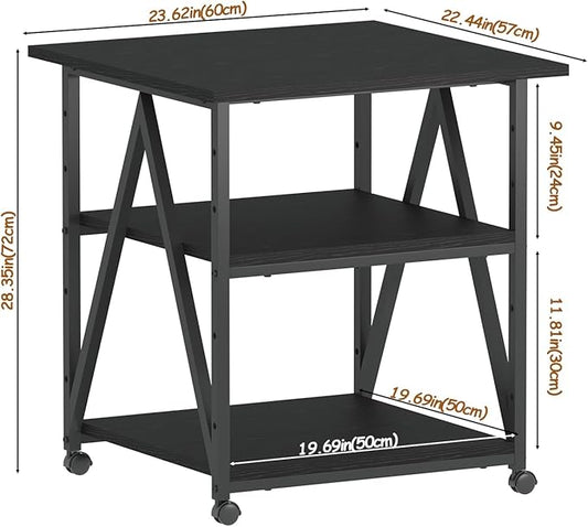 Arbuxzuy 3-Tier Printer Stand, Large Printer Table with Storage, Industrial Printer Storage Cart with Wheels, Rolling Printer Stand for Heat Press Scanner Fax, Black