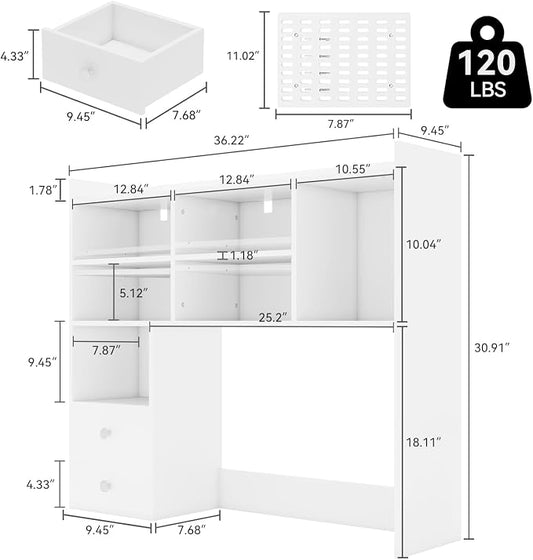 ELECWISH Desktop Bookshelf, Desk Shelf with 2 Drawers for Computer Desk, 36.22" 7-Tier Adjustable Desktop Hutch Organizer with Pegboard for Home Office, White
