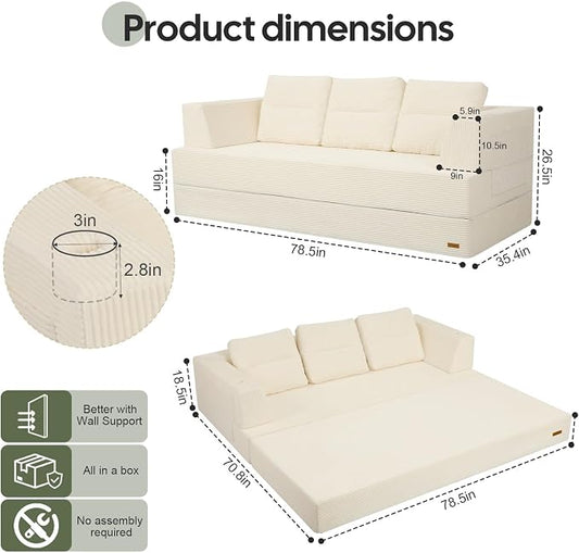 COMAX Futon Sofa Bed Queen, 79" Convertible Sofa Bed Couches for Living Room, 4 in 1 Folding Boneless Sleeper Corduroy Couch Loveseat Foam In a Box, Comfy Foldable Lounge Fold Out Floor Mattress Beige