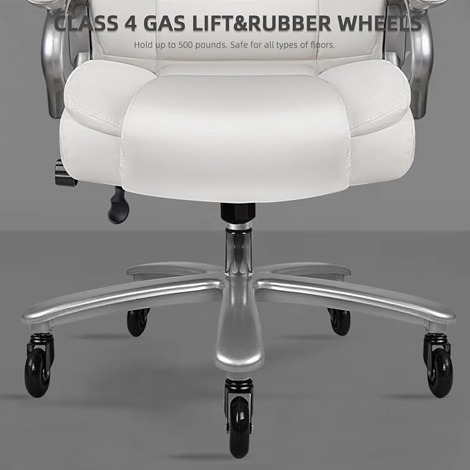 VITESSE 500lbs Heavy Duty Office Chair for Low Back Pain Relief, Big and Tall Office Chair with Ergonomic Lumbar Support, High Back Executive Chair with Quiet Rubber Wheel(White)