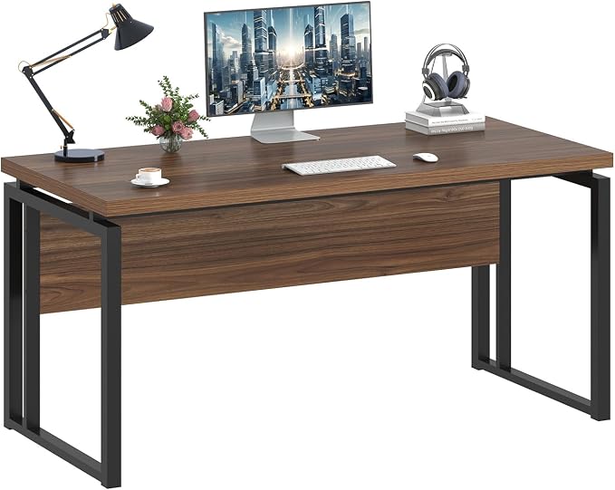 EXCEFUR Home Office Desk, Modern Computer Desk for Workstation, Wood Metal Executive PC Laptop Study Writing Table for Living Room, 53 Inch, Rustic Walnut