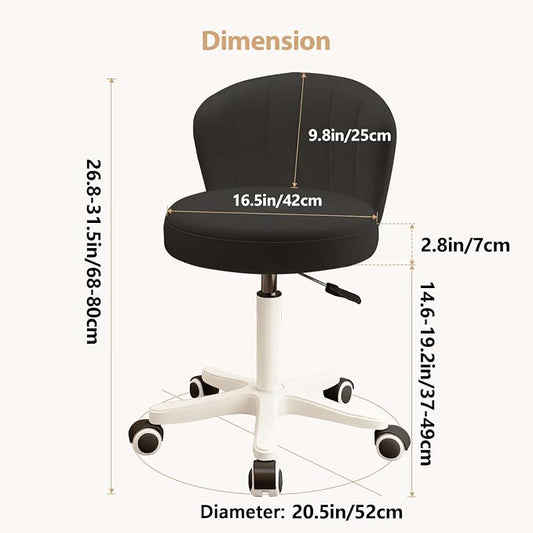 Small Desk Chair Round Rolling Chair with Back PU Leather Height Adjustable Swivel Vanity Work Computer Stool Chair for Home Office Bedroom
