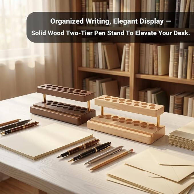 Pencil & Pen organizer for Desk,Wooden pen holder with Phone Stand for Office & Home,Solid Walnut Pencil Display Stand(Double-row - Natural Wood)