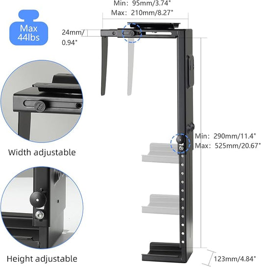 Pholiten Under Desk CPU Mount, Universal PC Wall Mount, 3.94 to 11.61 Inch Wide Computer Case CPU Hanger Holder, Adjustable 360 Swivel, Secure Lock, Max Load 44Lbs