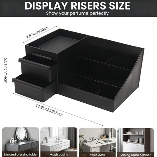 Black Cologne Organizer for Men,Large Perfume Stand Holder with Drawers,Cologne Stand,Shelves for Perfumes,Organizador de Perfumes,Dresser Organizer Countertop for Mens Bathroom & Bedroom Storage