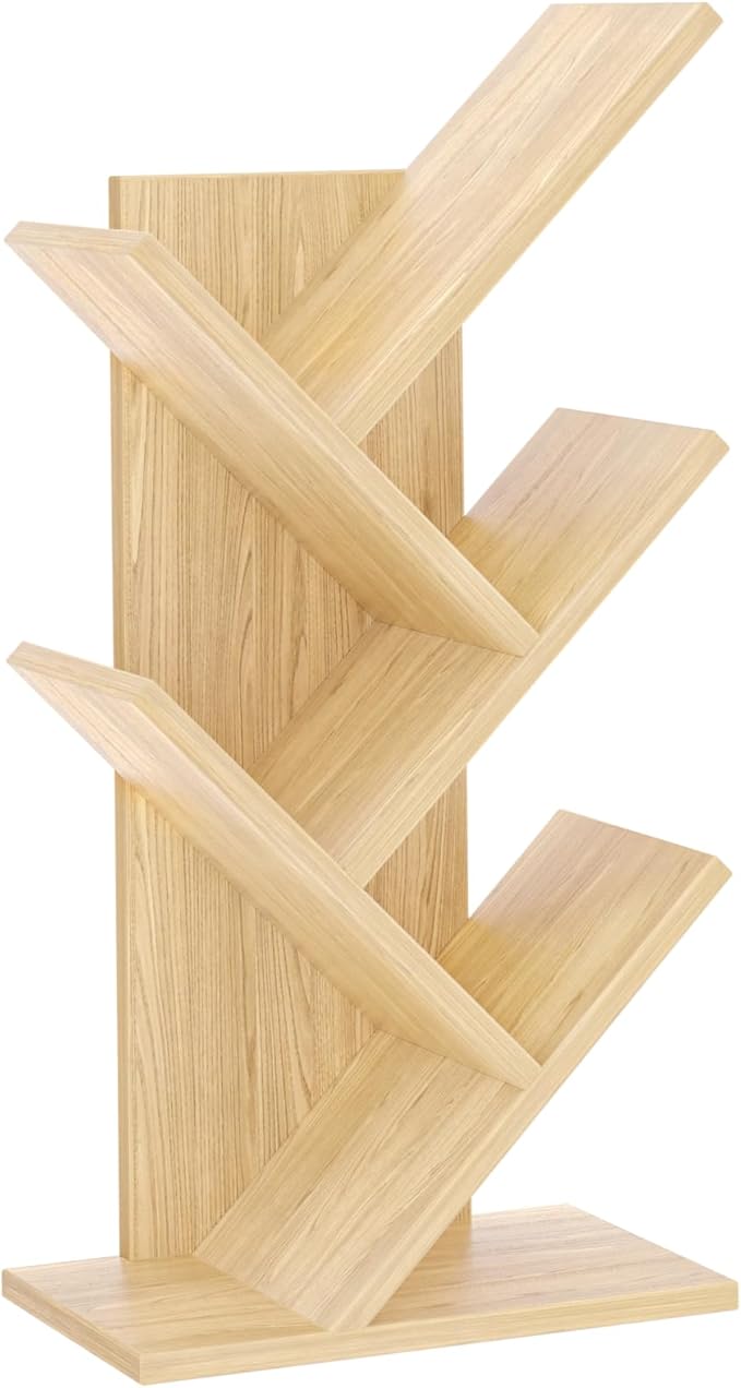 SHEEPAM 5 Tier Tree Book Shelf, Small Desktop Bookshelf with Storage Organizer, Wood Bookcase, Desk Display Bookshelves, Floor Standing Organizer Bookcases for Living Room,Bedroom,Office-Natural