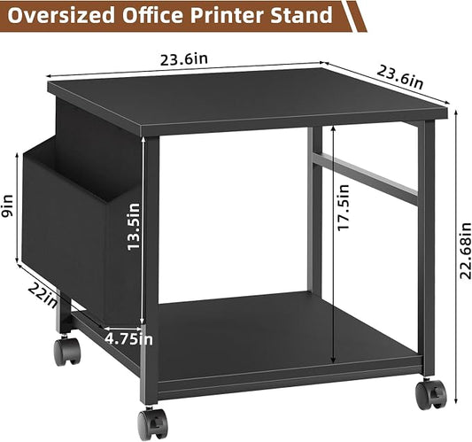 Lerliuo Black Large Printer Stand with Storage, 23.6" W x 23.6" D x 22.8" H Printer Table for Home Office, Rolling Printer Cart Holder with Lockable Wheels, Mobile Mini Fridge Stand Table