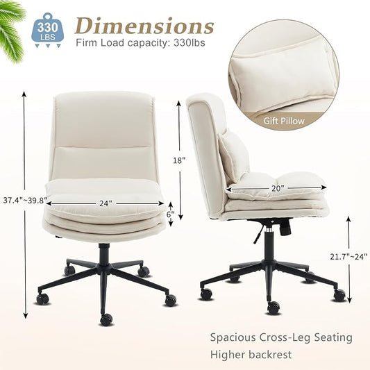 VINGLI Cloud Criss Cross Legged Chair,18" High Back Armless Home Office Desk Chair with Wheels,Wide Adjustable Comfy Padded Seat Task Computer Chair,Modern Swivel Makeup Vanity Chair,Microfiber,Beige