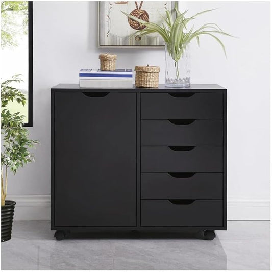 5-Drawer Wood Drawer Cabinet, Office Storage Cabinet with Adjustable Shelf & Wheels, Printer Stand for Home Office, Black, 15.7" D x 30.7" W x 25.4" H