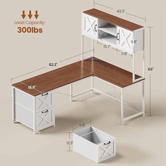 SEDETA Farmhouse L Shaped Desk with Hutch, Reversible 86.6" Computer Desk with Power Outlet, Drawers and LED Light for Home Office/Two Person, Corner Desk with Storage Shelves, White and Brown