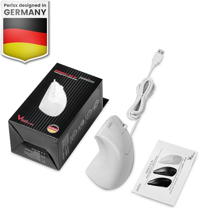 Perixx PERIMICE-513W Wired Ergonomic USB Mouse - 6 Buttons with 1000/1600 DPI - Vertical Right-Handed Design - White (Pack of 2)