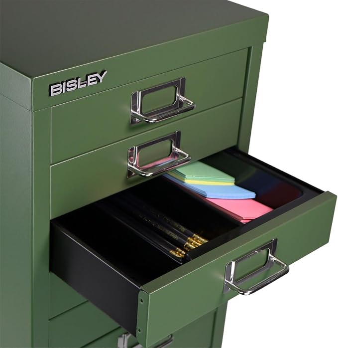 Bisley 10-Drawer Steel MultiDrawer Cabinet - Olive Green | Chrome Pull Handles with Label Holders, Powder-Coated Steel, Removable Drawers, Fits Under Most Desks, Labels Included