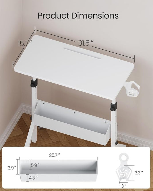 ErGear Mobile Standing Desk with Wheels, Adjustable Height 28.3″ to 46.1″, Rolling Laptop Cart with Cup Holder, Storage Basket, Computer & Pen Slot, Home Office Stand Up Desk, White (31.5″ x 15.75″)