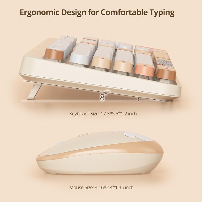 GTSP Creamy Wireless Keyboard and Mouse, Typewriter Office Full-Sized Colorful 2.4G Cute Aesthetic Keyboard for Computer, Laptop, PC Desktops(Brown)