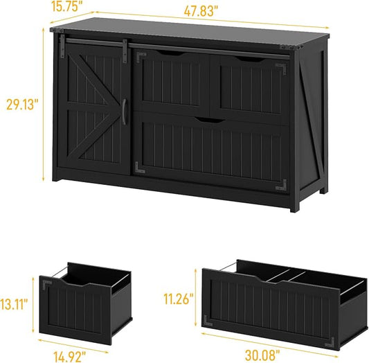 Halitaa 47.8” Farmhouse Lateral File Cabinet with Sliding Barn Door, 3 Drawers Filing Storage Cabinets with Adjustable Shelf, Office Printer Stand for Hanging Files Letter/Legal/A4/F4.Pure Black