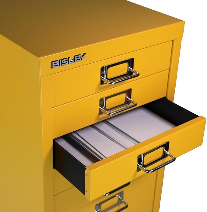 Bisley 10-Drawer Steel MultiDrawer Cabinet - Golden Sunflower Yellow | Chrome Pull Handles with Label Holders, Powder-Coated Steel, Removable Drawers, Fits Under Most Desks, Labels Included