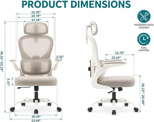 Ergonomic Office Chair with Adjustable Headrest & Lumbar Support, High Back Mesh Desk Chair, 330 LBS Capacity Swivel Computer Chair with Flip-Up Arms, Home Office Gaming Chair(Grey)