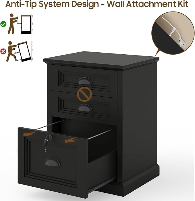 Halitaa Vertical File Cabinet, Filing Cabinet with 3 File Drawers & Lock, Farmhouse Small File Cabinet Fits Letter/A4 Size, Wooden Printer Stand, Home Office Cabinet, Black