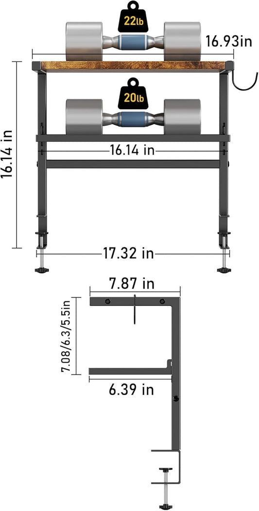 2-Tier Clamp on Desk Shelf, 17" Adjustable Above or Under Desk Shelves Organizer, No Drilling Desktop Storage Shelf with Headphone Holder, Desktop Storage Rack or Office and Gaming Accessories (Brown)
