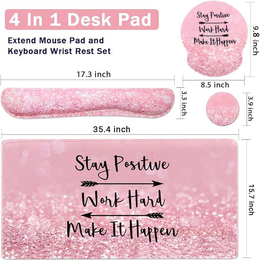 4-in-1 Gaming Mouse Pad Wrist Support Set,Desk Pad + Mouse Pad with Wrist Rest + Keyboard Wrist Rest + Coaster, Ergonomic Design for Home Office Study Game - Pink Stay Positive