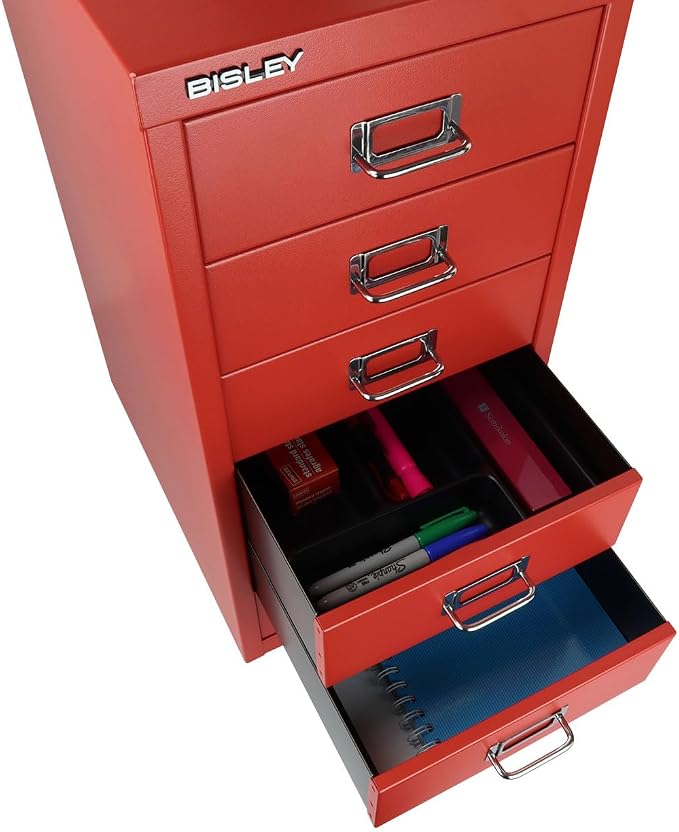 Bisley 6-Drawer Steel MultiDrawer Cabinet - Cardinal Red | Chrome Pull Handles with Label Holders, Powder-Coated Steel, Removable Drawers, Fits Under Most Desks, Labels Included