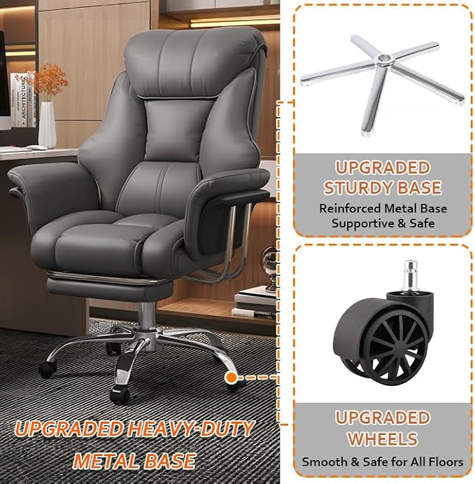 Big and Tall Office Chair 550 lbs Extra Wide Leather Executive Chair with Retractable Footrest, Heavy-Duty Ergonomic Chair, Adjustable Height Computer Gaming Chairs