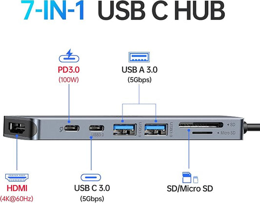 USB C Hub HDMI Adapter for MacBook Pro/Air, 7 in 1 USBC Dongle with HDMI, microSD/SD Card Reader, USB C Data Port,100W PD, and 2 USB 3.0 Compatible for MacBook Pro/Air, Dell XPS, Lenovo Thinkpad.