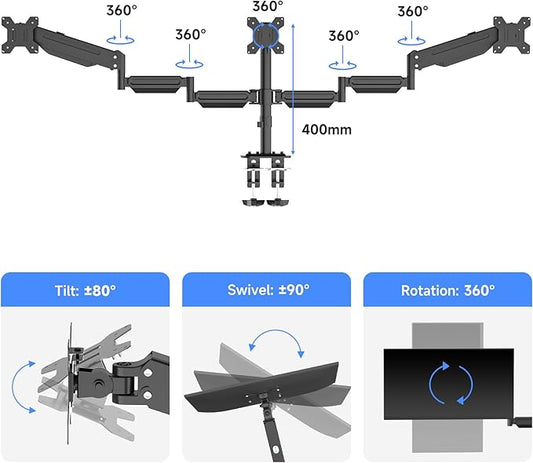 suptek Triple Monitor Mount for Most 17 to 32 inch Screens,Gas Springs Adjustment Triple Monitor Desk Mount Stand with Clamp & Grommet Kit,Black(MD8003)