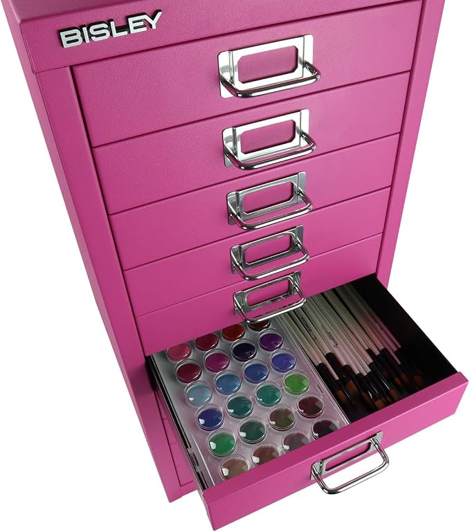 Bisley 10-Drawer Steel MultiDrawer Cabinet - Fuchsia | Chrome Pull Handles with Label Holders, Powder-Coated Steel, Removable Drawers, Fits Under Most Desks, Labels Included