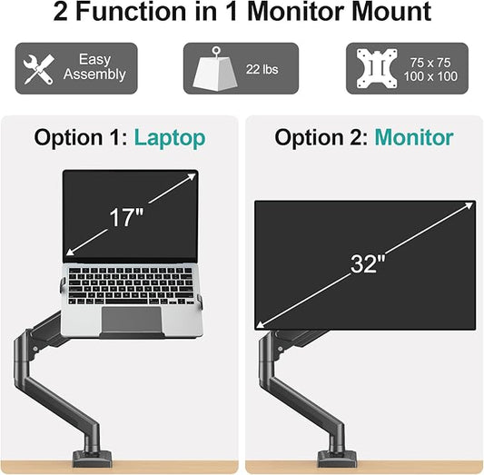 MOUNT PRO Laptop Arm Mount for Desk, 2 in 1 Function Monitor Laptop Stand, Fits Max 17" Notebook and 32" Computer Screen, Aluminum Single Monitor Holder with Adjustable Tray, Holds up to 22lbs