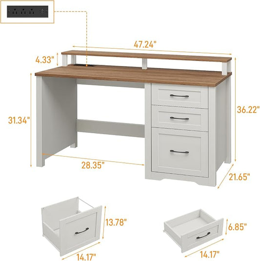 Vabches 47" Farmhouse Executive Desk with Monitor Stand & File Cabinet,3 Drawers Computer Desk with LED Lights and Power Outlets,Workstation for Home Office, Study,Writing.(Unique White)