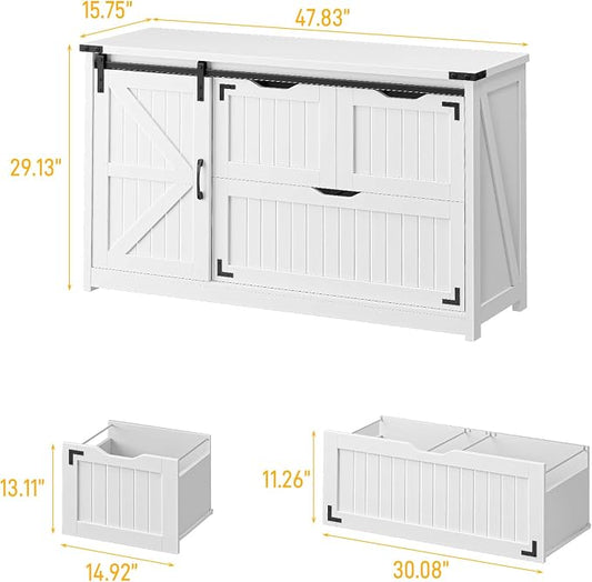 Halitaa 47.8” Farmhouse Lateral File Cabinet with Sliding Barn Door, 3 Drawers Filing Storage Cabinets with Adjustable Shelf, Office Printer Stand for Hanging Files Letter/Legal/A4/F4.Cream White