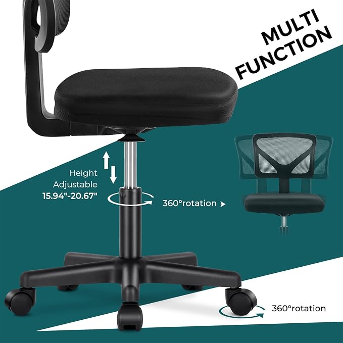 DUMOS Armless Desk Chairs Set of 2, Ergonomic Adjustable Home Office Swivel Rolling Task Chair No Arms, Comfy Mesh Mid Back Computer Work Vanity Desk Chiars with Wheels for Small Spaces, Black