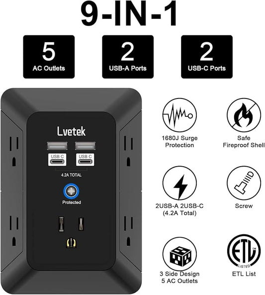 Outlet Extender, Surge Protector Outlet with 5-Multi Plug Outlet and 4 USB Ports(2 USB C), 3-Sided 1680J Power Strip Wall Charger, Multiple-Plug Outlet Splitter for Home Travel Office,ETL Listed,Black