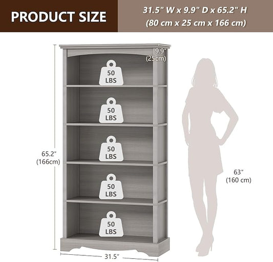 TVU 5-Tier Wooden Bookshelf, 65 Inch Tall Bookshelf with Storage, Floor Standing Modern Style Display Bookcase for Living Room, Office, Study Room, Entryway, Grey