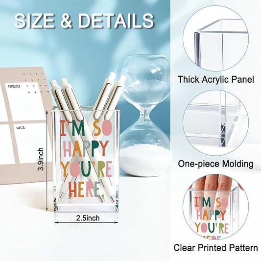 I'm So Happy You're Here Acrylic Cosmetic Pencil Holder Cup, Funny Boho Pen Holder for Women, Home Office Classroom Desk Accessories, Inspirational Gifts for Daughter, Make up Brush Organizer