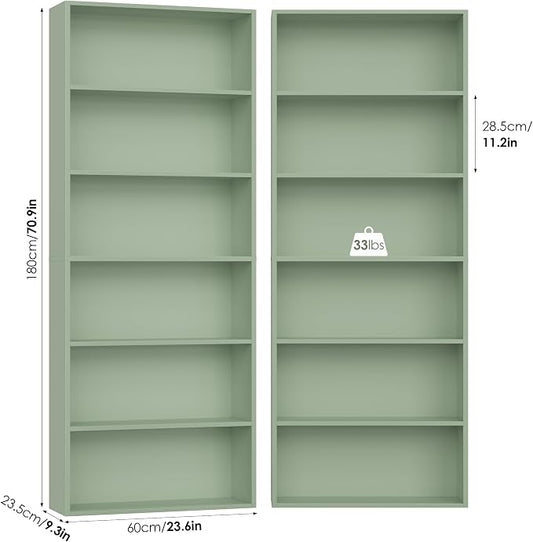 FOTOSOK 6-Tier Open Bookcase and Bookshelf, Freestanding Display Storage Shelves Tall Bookcase for Bedroom, Living Room and Office,Green Set of 2