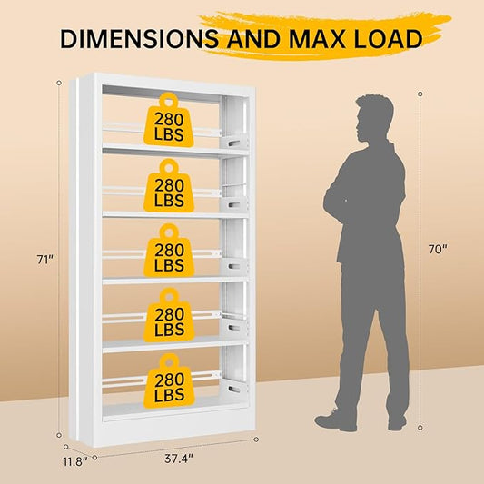 5 Tier White Metal Bookshelf, 71" H Bookcase with Adjustable Shelves, Heavy Duty Storage Bookshelves Tall Bookcase for Library, Office, Living Room, Classroom, Including Book Stopper(White)