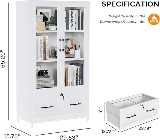 VINGLI Lateral File Cabinet with Glass Doors and Locking Drawer for Hanging File Folders, Bookshelf with Adjustable Shelves for Home Office (White, 30''W x 16''D x 55''H)
