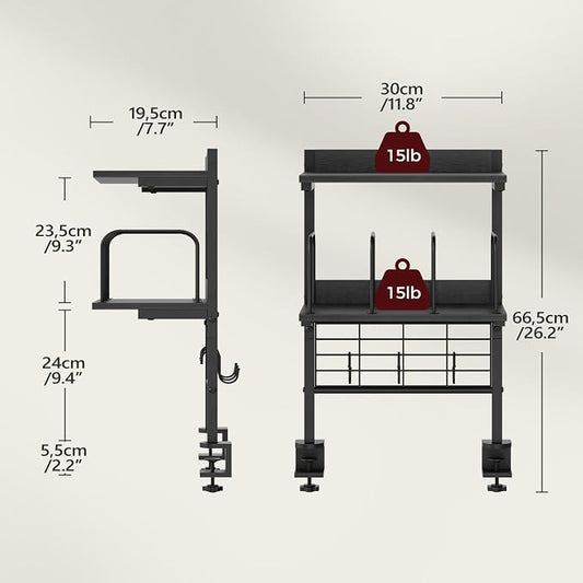 MAHANCRIS Clamp on Desk Shelf, 2 Tier Desk Storage Organizer, Desktop Bookshelf with Hooks and Divider, Desk Accessories for Study and Gaming Room, Black DSBK4501