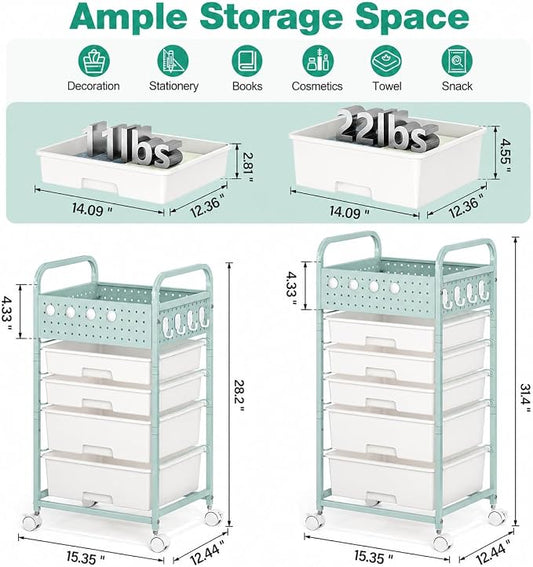 4 Drawer Rolling Storage Cart with Pegboard Top and Hooks, Mobile Organizer Cart with Wheels for Office Supplies, Craft Storage, Classroom Organization, Home Utility Cart, Green