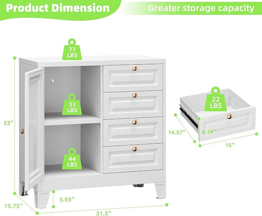 Bathroom Storage Cabinet with 4 Drawers,Metal Bathroom Floor Cabinet with Door and Shelves,Toilet Paper Storage Cabinet for Bathroom,Home,33" H x 31.5" W x 15.75" D,White
