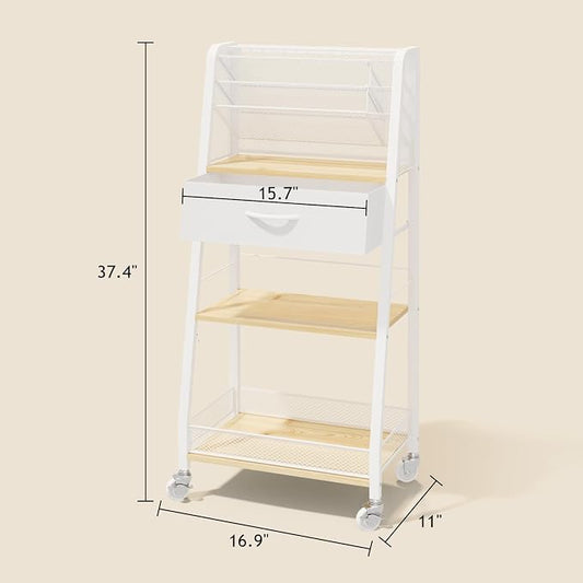 Homsorout 3 Tier Rolling Cart - Metal Utility Cart with Storage Drawer and Wheels, Versatile Art & Craft Organizer for Home, Office, or Studio - Ideal for Storing Brushes, Paints, and Supplies(Maple)