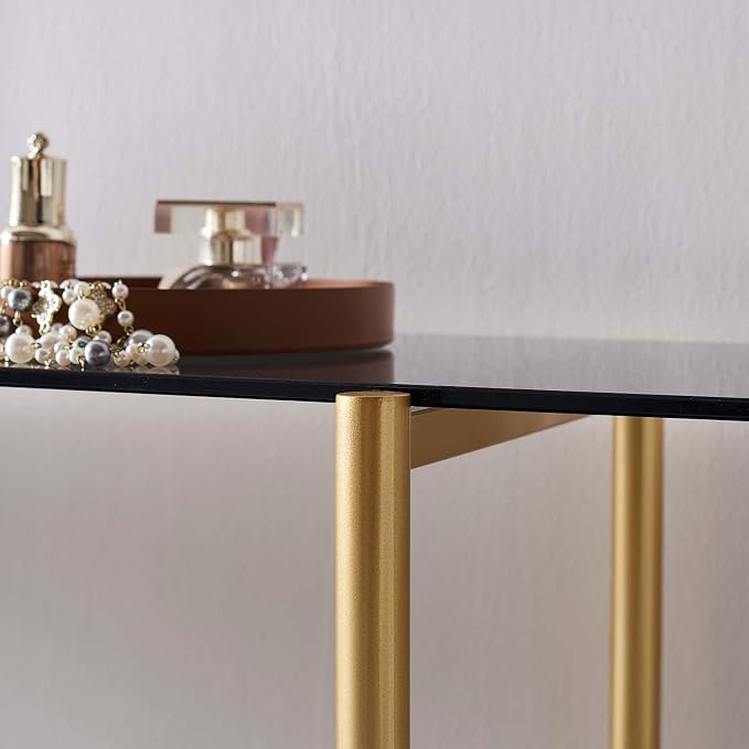 LumFurn Glass Console Table for Living Room, Foyer & Entrance, 2-Tiers Mid-Century Modern Sofa Table with Grey Glass Top, Black Marble Finish Wood Shelf and Gold Finish Frame