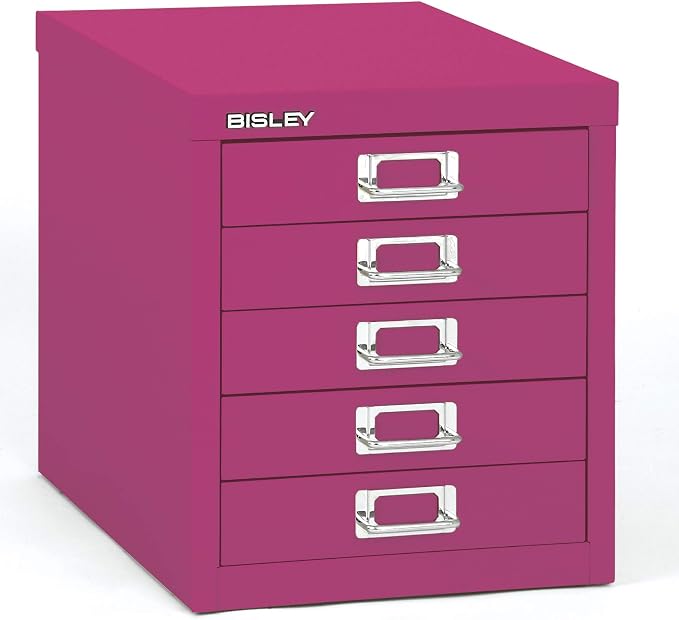 Bisley 5-Drawer Steel MultiDrawer Cabinet - Fuchsia | Chrome Pull Handles with Label Holders, Powder-Coated Steel, Removable Drawers, Desktop Storage, Labels Included