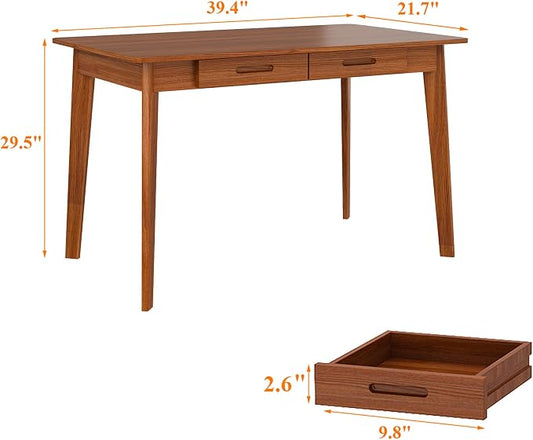 Timechee 40 Inch Compact Computer Gaming Desk, Study Work Office Desk with 2 Storage Drawers, Rectangular Study Reading Table, Simple Computer Writing Table for Home Office, Living Room,Walnut Color