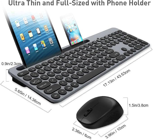 LeadsaiL Wireless Keyboard and Mouse Combo, Full-Sized Ergonomic Computer Keyboard with Phone Tablet Holder, 2.4GHz Silent Cordless Keyboard Mouse Set for Windows Laptop, PC, Desktop - Grey