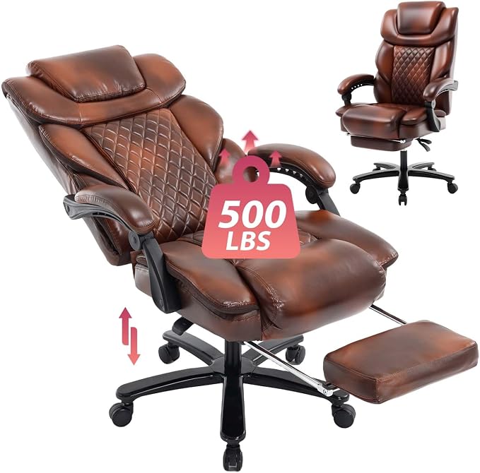 500lbs Reclining Office Desk Chair with Footrest, Managerial Executive Chair Lounge Chair for Office, Plus Size Brown Leather Recliner Office Chairs