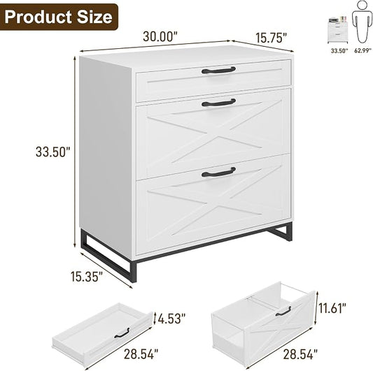 Farmhouse Lateral File Cabinet, Modern Farmhouse Filing Cabinet with 3 Drawers for Letter/Legal/A4 Size Hanging Files, File Storage Cabinet for Home Office, Printer Stand with Storage, Office White